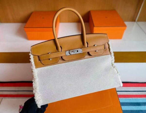 mmexport1744165062672-1024x790-1 H Factory Bags Birkin fray Swift & Canvas Gold Brown Silver Hardware 35cm Full Handmade