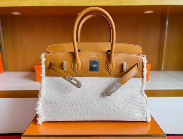 mmexport1744165067652-1024x780-1 H Factory Bags Birkin fray Swift & Canvas Gold Brown Silver Hardware 35cm Full Handmade