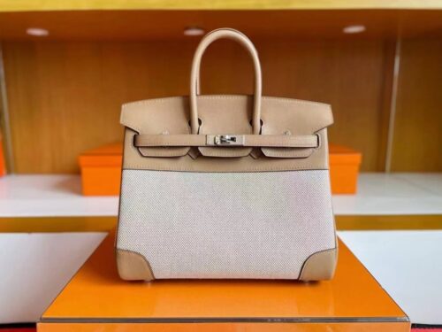 H Factory Bags Birkin Swift & Canvas Tea Khaki Silver Hardware 30cm Full Handmade