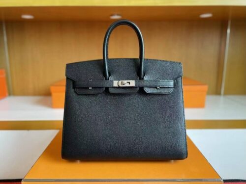 H Factory Bags Birkin Epsom Leather Black Silver Hardware 25cm Full Handmade