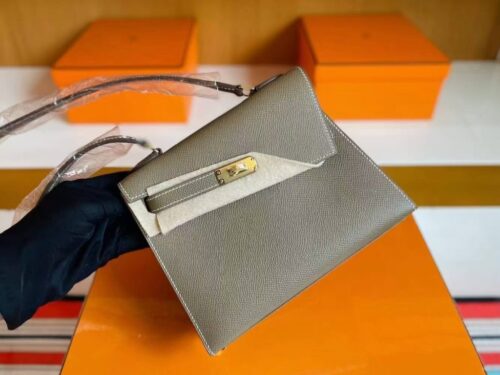 H Factory Bags Kelly desordre Epsom Leather Etoupe Grey Gold Hardware 20cm Full Handmade