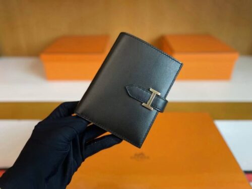 H Factory Bags Beran Short Wallet Box Leather Black Gold Hardware Full Handmade