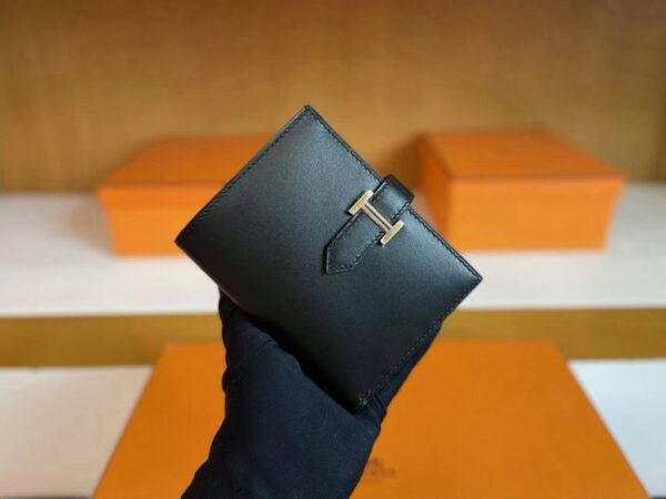 H Factory Bags Beran Short Wallet Box Leather Black Gold Hardware Full Handmade
