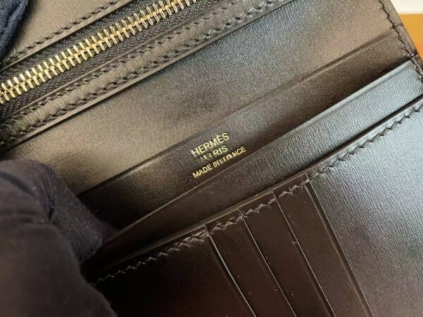 H Factory Bags Beran Short Wallet Box Leather Black Gold Hardware Full Handmade