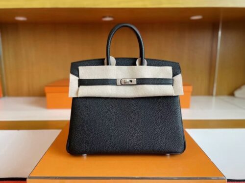 H Factory Bags Birkin Togo Leather neck texture Black Silver Hardware 25cm Full Handmade
