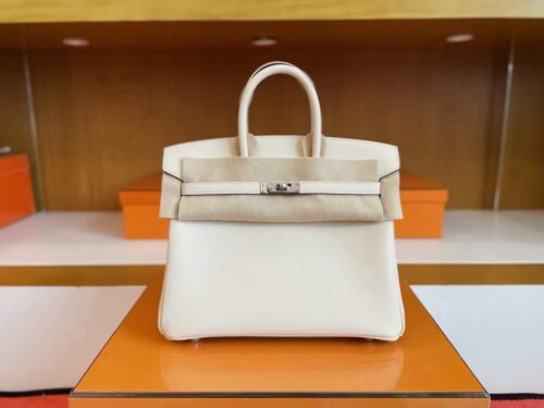 H Factory Bags Birkin Swift Leather Cream White Silver Hardware 25cm Full Handmade