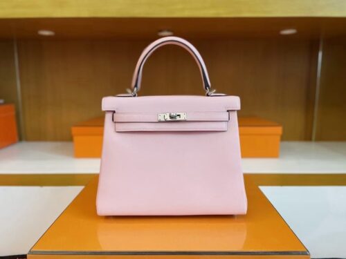 H Factory Bags Kelly Swift Leather 3Q Pink Silver Hardware 25cm Full Handmade