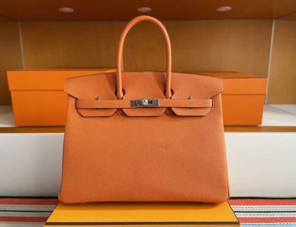 H Factory Bags Birkin Togo Leather Bright Orange Silver Hardware 35cm Full Handmade