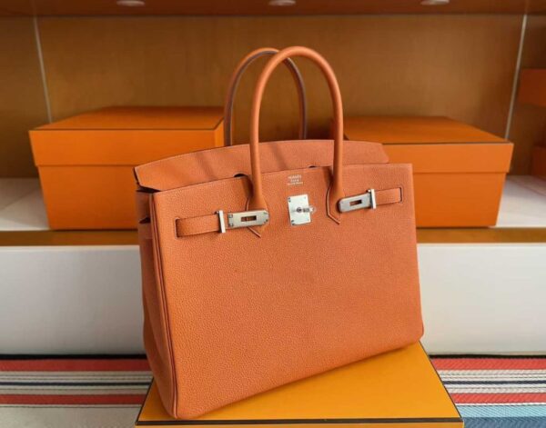 H Factory Bags Birkin Togo Leather Bright Orange Silver Hardware 35cm Full Handmade