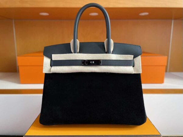 H Factory Bags Birkin Chamois & Evercolor Leather Black & Deep Grey Silver Hardware 30cm Full Handmade