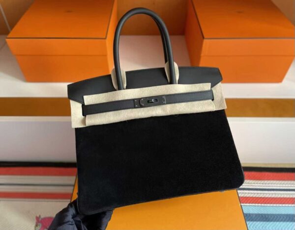 H Factory Bags Birkin Chamois & Evercolor Leather Black & Deep Grey Silver Hardware 30cm Full Handmade
