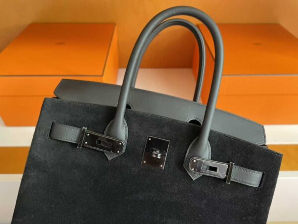H Factory Bags Birkin Chamois & Evercolor Leather Black & Deep Grey Silver Hardware 30cm Full Handmade