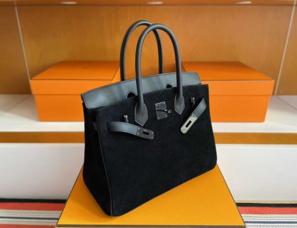 H Factory Bags Birkin Chamois & Evercolor Leather Black & Deep Grey Silver Hardware 30cm Full Handmade