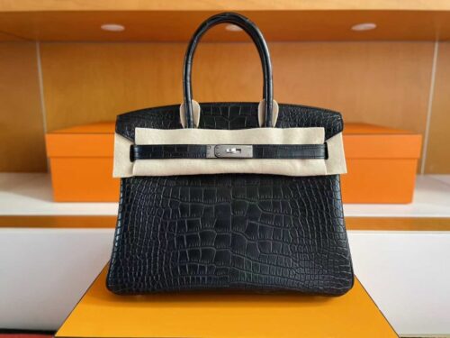 H Factory Bags Birkin Matte Alligator Crocodile CK89 Black Silver Hardware 30cm Full Handmade