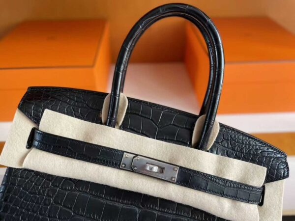 H Factory Bags Birkin Matte Alligator Crocodile CK89 Black Silver Hardware 30cm Full Handmade