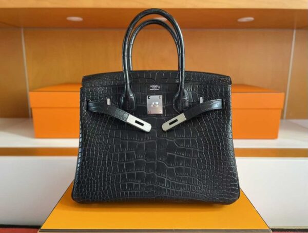 H Factory Bags Birkin Matte Alligator Crocodile CK89 Black Silver Hardware 30cm Full Handmade