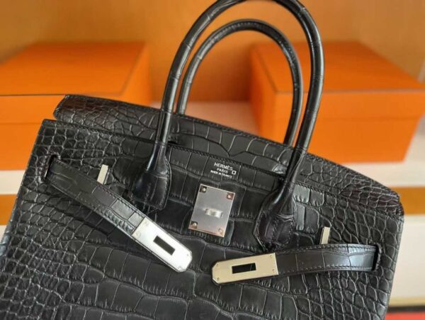 H Factory Bags Birkin Matte Alligator Crocodile CK89 Black Silver Hardware 30cm Full Handmade