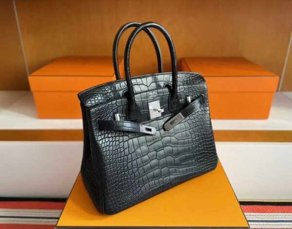 H Factory Bags Birkin Matte Alligator Crocodile CK89 Black Silver Hardware 30cm Full Handmade