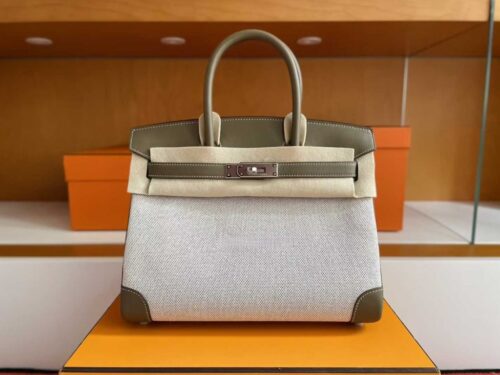 H Factory Bags Birkin Swift Leather & Canvas Etoupe Grey Silver Hardware 30cm Full Handmade