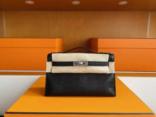 H Factory Bags Mini Kelly Pochette Lizard Leather CK89 Black Silver Hardware 22cm Full Handmade