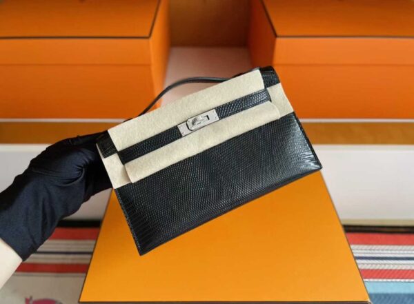 H Factory Bags Mini Kelly Pochette Lizard Leather CK89 Black Silver Hardware 22cm Full Handmade