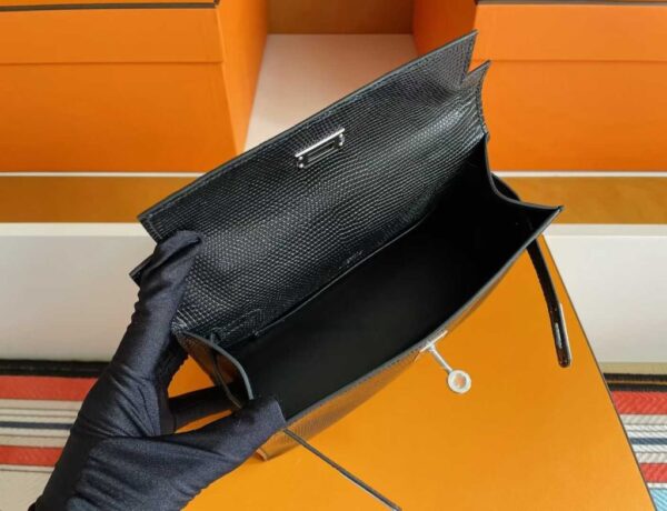 H Factory Bags Mini Kelly Pochette Lizard Leather CK89 Black Silver Hardware 22cm Full Handmade