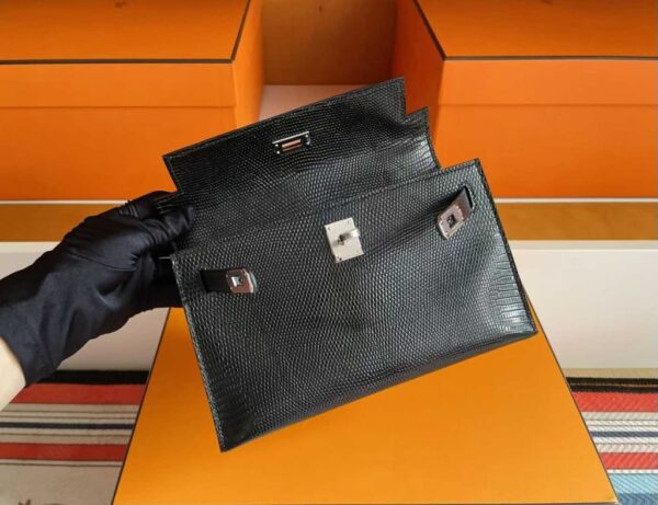 H Factory Bags Mini Kelly Pochette Lizard Leather CK89 Black Silver Hardware 22cm Full Handmade