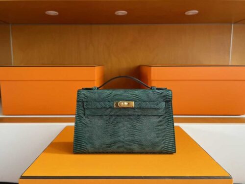 H Factory Bags Mini Kelly Pochette Lizard Leather Deep Green Gold Hardware 22cm Full Handmade