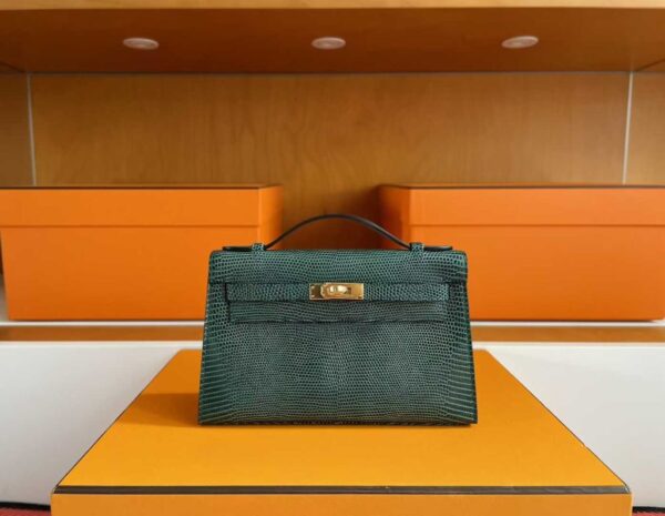 H Factory Bags Mini Kelly Pochette Lizard Leather Deep Green Gold Hardware 22cm Full Handmade