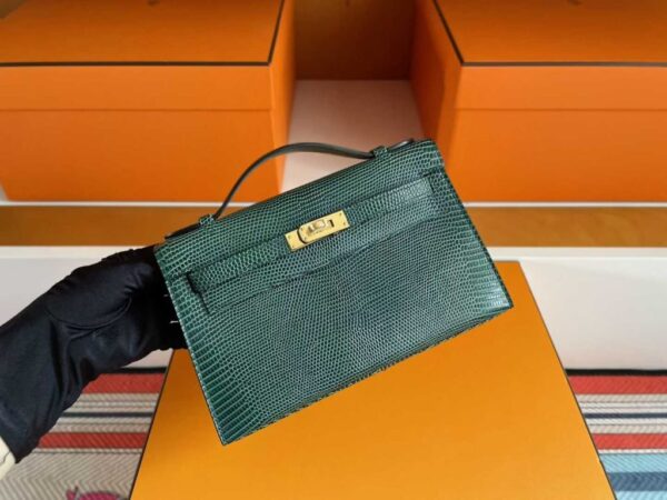 H Factory Bags Mini Kelly Pochette Lizard Leather Deep Green Gold Hardware 22cm Full Handmade