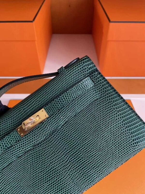 H Factory Bags Mini Kelly Pochette Lizard Leather Deep Green Gold Hardware 22cm Full Handmade