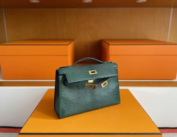 H Factory Bags Mini Kelly Pochette Lizard Leather Deep Green Gold Hardware 22cm Full Handmade