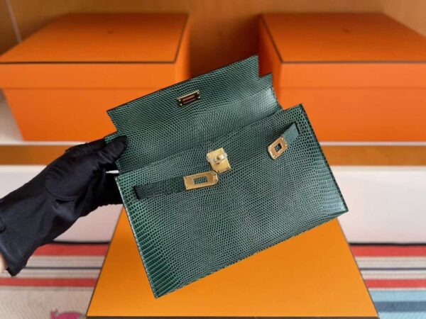 H Factory Bags Mini Kelly Pochette Lizard Leather Deep Green Gold Hardware 22cm Full Handmade