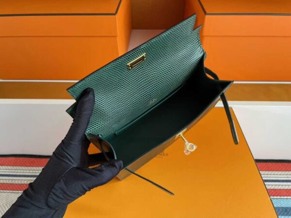 H Factory Bags Mini Kelly Pochette Lizard Leather Deep Green Gold Hardware 22cm Full Handmade