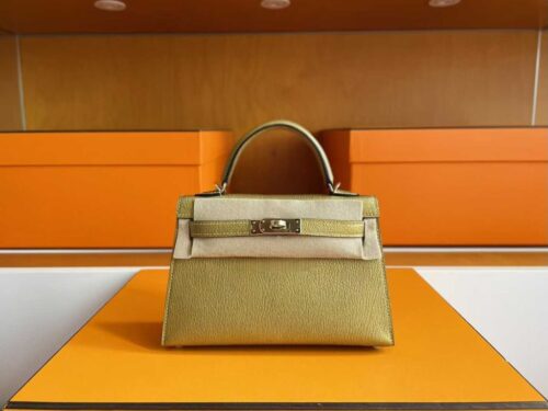 H Factory Bags Mini Kelly Chever Leather Shiny Gold Light Gold Hardware 19cm Full Handmade