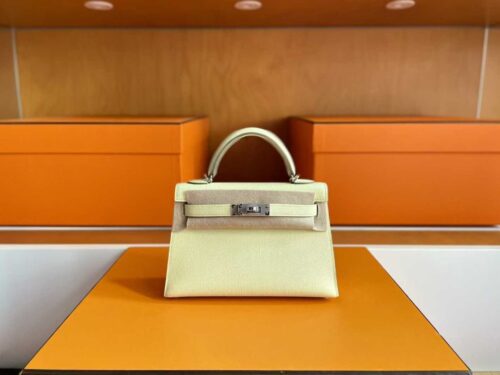 H Factory Bags Mini Kelly Epsom Leather Light Yellow Silver Hardware 19cm Full Handmade