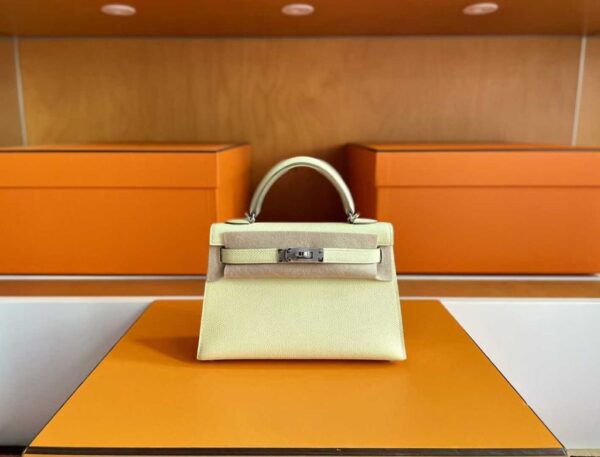 H Factory Bags Mini Kelly Epsom Leather Light Yellow Silver Hardware 19cm Full Handmade