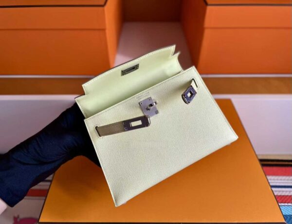 H Factory Bags Mini Kelly Epsom Leather Light Yellow Silver Hardware 19cm Full Handmade