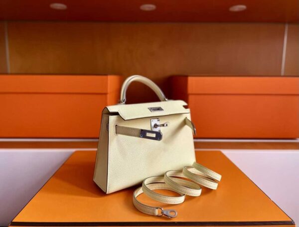 H Factory Bags Mini Kelly Epsom Leather Light Yellow Silver Hardware 19cm Full Handmade