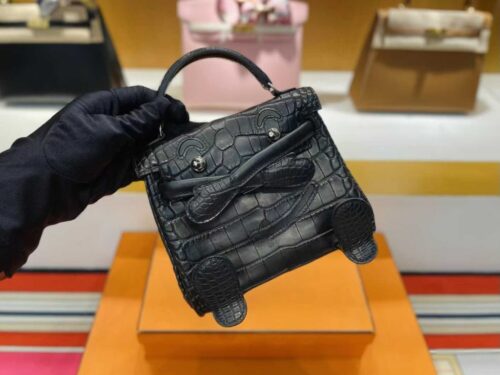 H Factory Bags Kelly doll Matte Crocodile Leather CK89 Black Silver Hardware 16cm Full Handmade