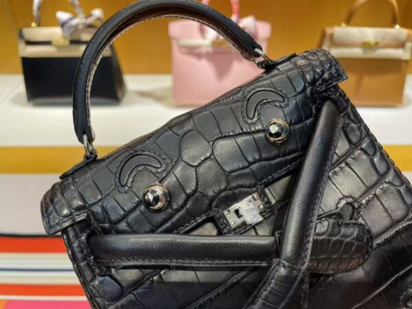 H Factory Bags Kelly doll Matte Crocodile Leather CK89 Black Silver Hardware 16cm Full Handmade