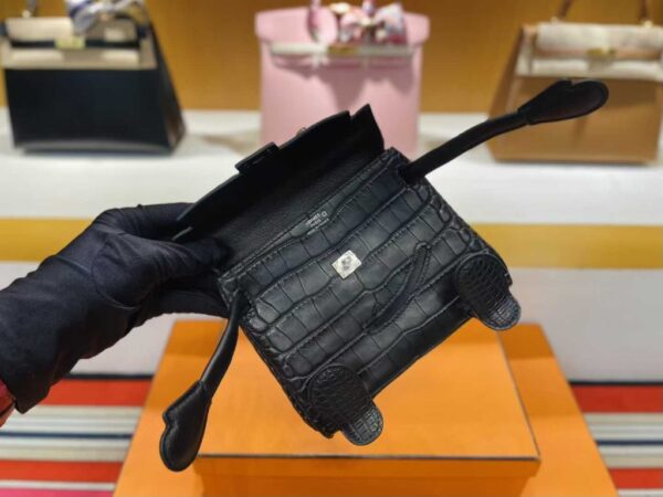 H Factory Bags Kelly doll Matte Crocodile Leather CK89 Black Silver Hardware 16cm Full Handmade