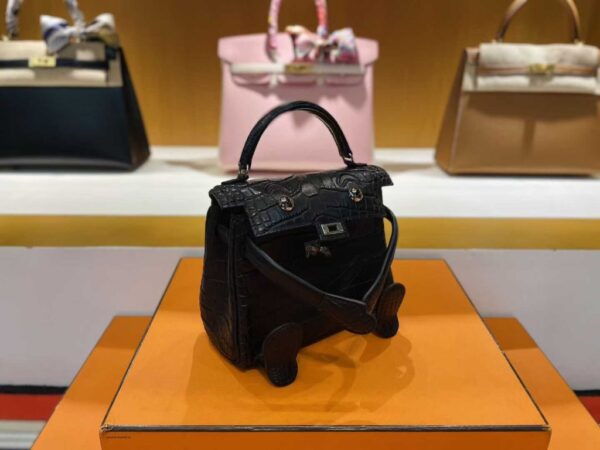 H Factory Bags Kelly doll Matte Crocodile Leather CK89 Black Silver Hardware 16cm Full Handmade