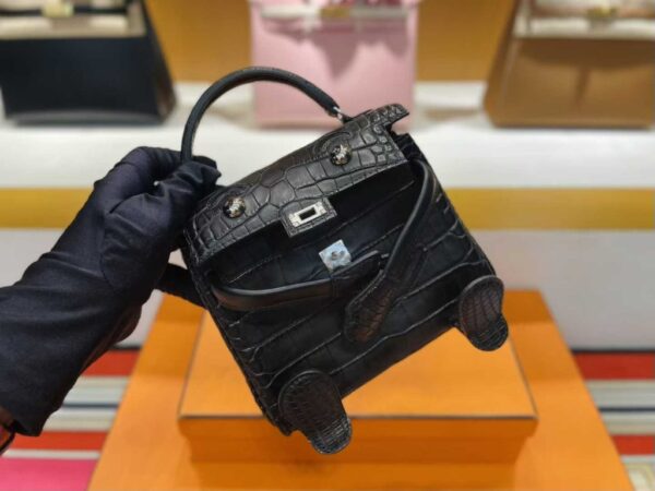 H Factory Bags Kelly doll Matte Crocodile Leather CK89 Black Silver Hardware 16cm Full Handmade