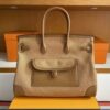 H Factory Bags Birkin Cargo Swift Leather & Canvas Brown & Khaki Silver Hardware 35cm Full Handmade