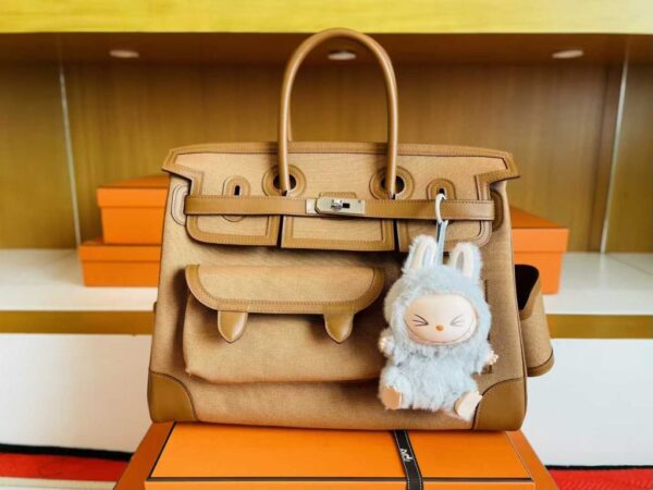 H Factory Bags Birkin Cargo Swift Leather & Canvas Earthy Yellow & Khaki Silver Hardware 35cm Full Handmade