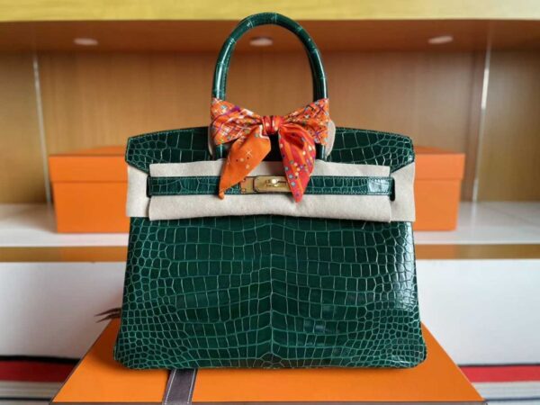 H Factory Bags Birkin Shiny Alligator Crocodile Deep Green Gold Hardware 30cm Full Handmade