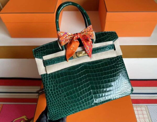 H Factory Bags Birkin Shiny Alligator Crocodile Deep Green Gold Hardware 30cm Full Handmade