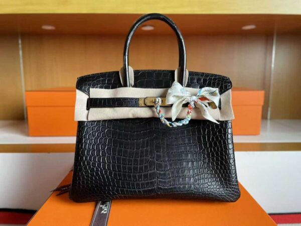 H Factory Bags Birkin Matte Alligator Crocodile CK89 Black Gold Hardware 30cm Full Handmade