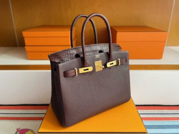H Factory Bags Birkin Togo & Matte Alligator Crocodile Reddish Brown Gold Hardware 30cm Full Handmade